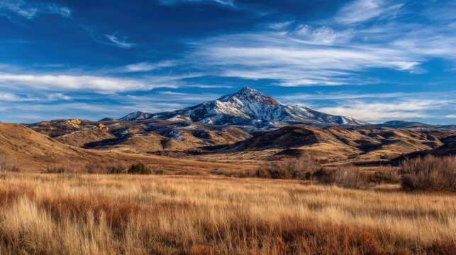 A majestic snow-capped mountain stands tall above rolling golden foothills under a dramatic blue sky. Perfect for travel concepts and scenic nature wallpapers.