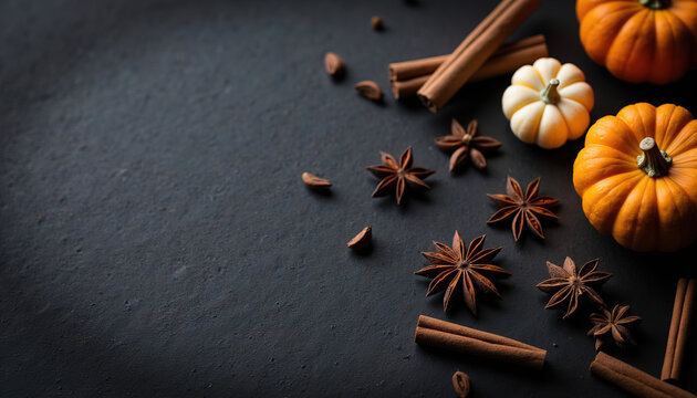 Top view of autumn spices with mini orange pumpkins and star anise on black stone background with copy space