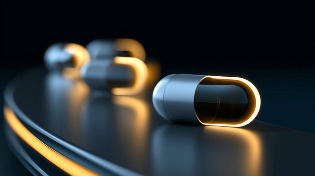 Row Of Glowing Pharmaceutical Pills Moving Along Digital Data Circuit Track

