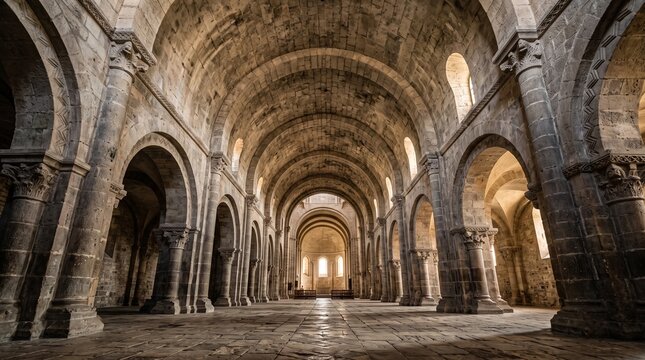 Wide angle view of the interior of a Romanesque stone cathedral with barrel vaulted ceilings, massive columns, and ancient medieval architecture.
