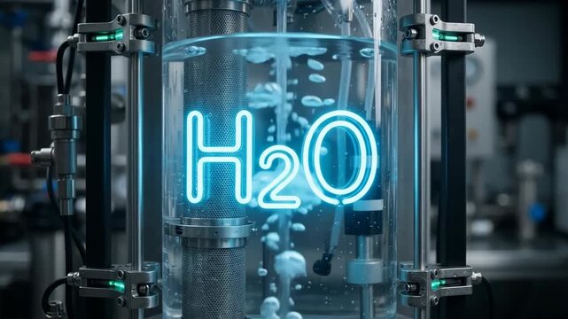 Clean Water Technologies Transparent Reactor, Bubbling Filtration Equipment, Glowing Molecular Symbols, and Advanced Industrial Laboratory Innovation