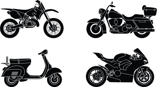 Women workout cHeaVintage retro moped scooMotorcycle categories black silhouettes collection featuring dirt bike cruiser touring model classic scooter and sportbike vectorter 