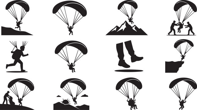 Collection of black silhouette depicting paragliding activities, extreme sports, flying with parachutes, and outdoor adventure scenes