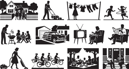 Fototapeta premium Set of suburban family life silhouette featuring gardening, housework, playing, watching tv, and relaxing at home on white background