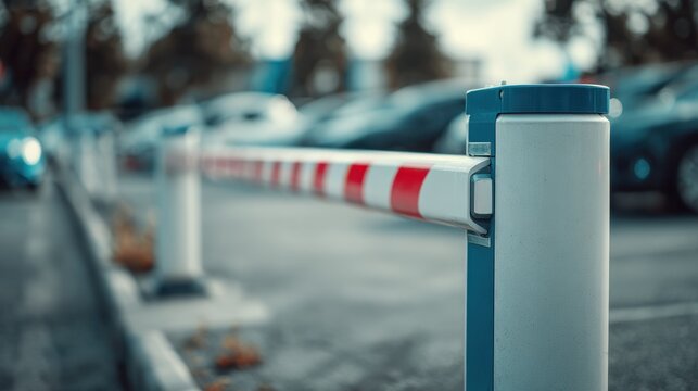 Closed automatic parking barrier gate in a city parking lot. This industrial scene represents access control, traffic management, and urban security.