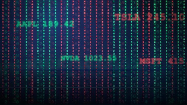 Abstract digital stock market ticker with scrolling financial data and stock symbols on dark background
