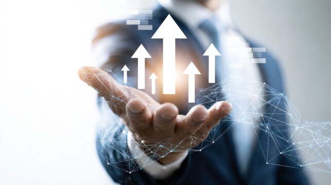 Businessman hand presenting glowing growth arrows and digital network connections. This represents business expansion and strategic investment goals in professional corporate.