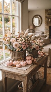 Rustic wooden table decorated with two wicker baskets filled with autumnal flowers and assorted blush pink pumpkins in cozy farmhouse living room setting by large window.