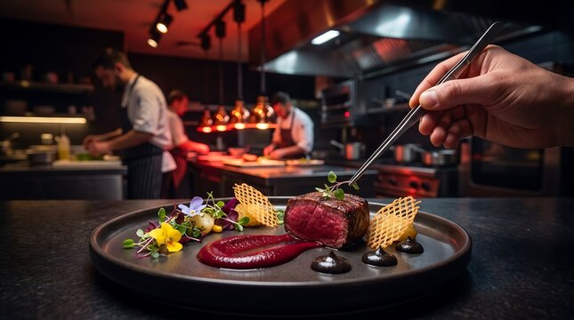 Chef beautifully plating gourmet beef dish with tweezers in upscale restaurant kitchen