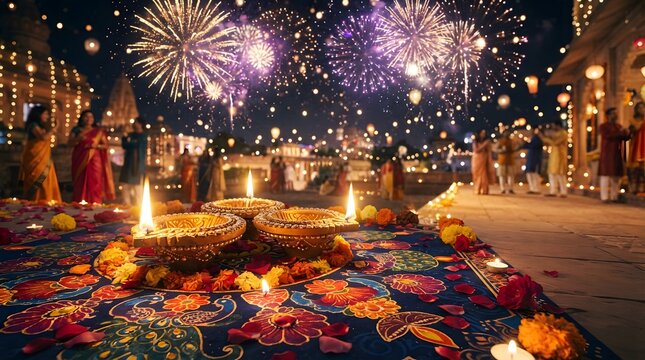 Diwali celebration with traditional diyas on a colorful rangoli floor pattern and fireworks lighting up the night sky over an indian temple courtyard