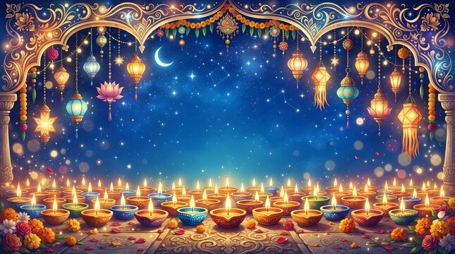Diwali festival background with traditional oil lamps diyas and hanging lanterns under a decorative arch against a starry night sky with a crescent moon