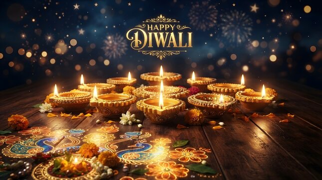 Beautiful diwali festival background with glowing oil lamps and colorful rangoli art on a wooden surface with festive bokeh lights and fireworks