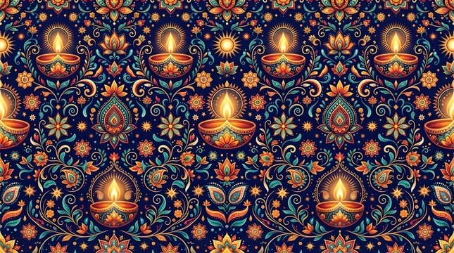 Seamless pattern with traditional indian oil lamps and floral motifs for diwali festival celebration