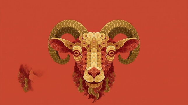 Stylized ram head illustration with intricate floral patterns on a solid red background