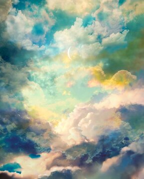 天国へ続く雲と降り注ぐ太陽光のスピリチュアルな背景画