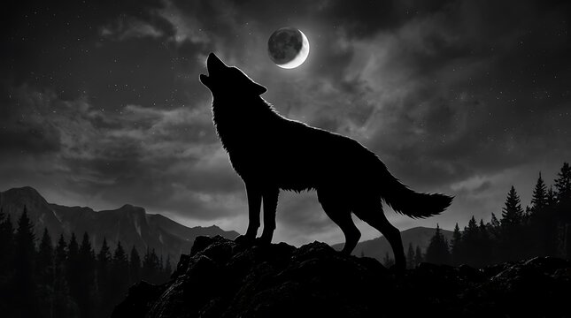 Dramatic silhouette of a lone wolf howling at a crescent moon on a rocky cliff top with a dark mountain landscape and pine forest at night