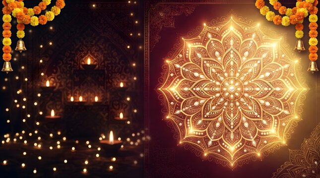 Diwali festival background with golden mandala pattern and traditional marigold flower garlands