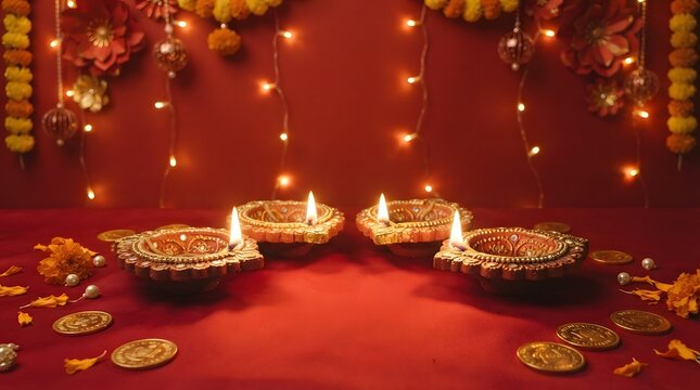 Diwali festival background with traditional clay oil lamps, marigold flowers, and gold coins on a red surface