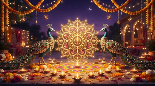 Diwali celebration with two majestic peacocks, glowing mandala, and traditional oil lamps on a festive floor