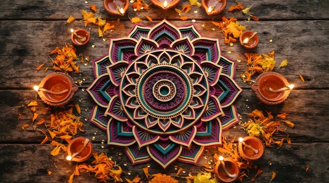 Intricate paper craft mandala art surrounded by traditional clay oil lamps and marigold flower petals on wooden background