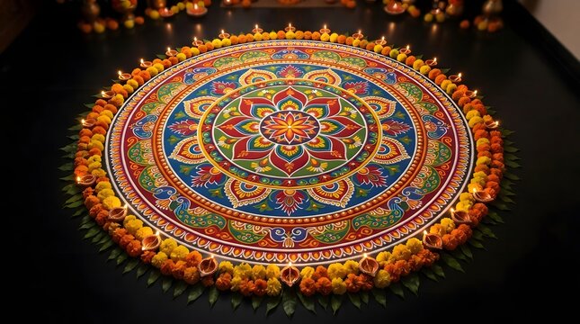 Beautiful circular rangoli design with vibrant colors and marigold flowers decorated with glowing oil lamps on a dark floor for diwali festival celebration