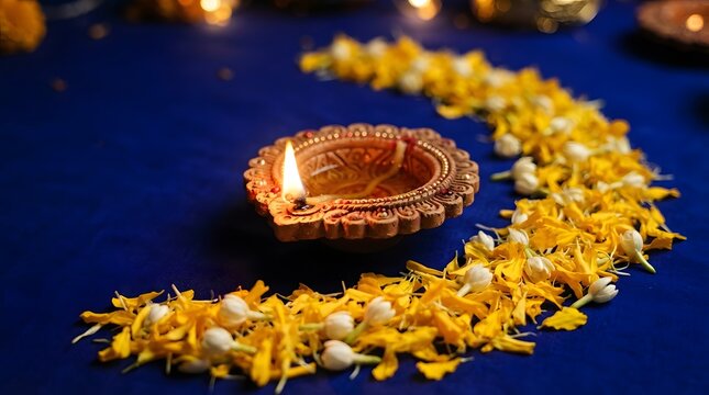 A single glowing clay diya lamp placed on a blue background surrounded by a crescentshaped arrangement of yellow marigold petals and white jasmine buds