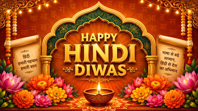 Happy Hindi Diwas elegant golden banner with traditional arch flowers and burning diya