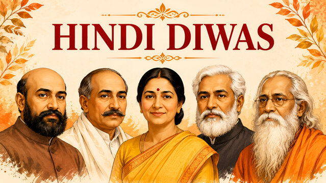 Hindi Diwas horizontal banner template with famous Indian poets and writers illustrations