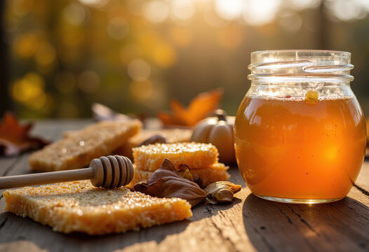 Jar of fresh golden honey with wooden dipper and raw honeycomb slice on wooden table in warm autumn sunlight