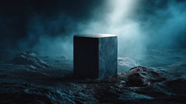 A dark stone cube sits on a rocky alien landscape under moody glowing fog. This surreal composition is perfect for abstract sci-fi backgrounds.