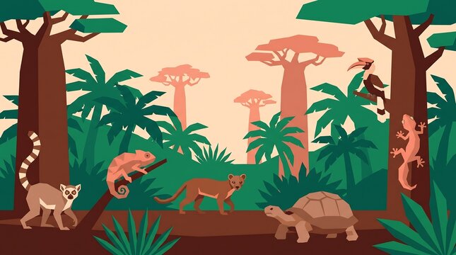 Madagascar wildlife illustration with lemur, chameleon, fossa, and tortoise in nature.