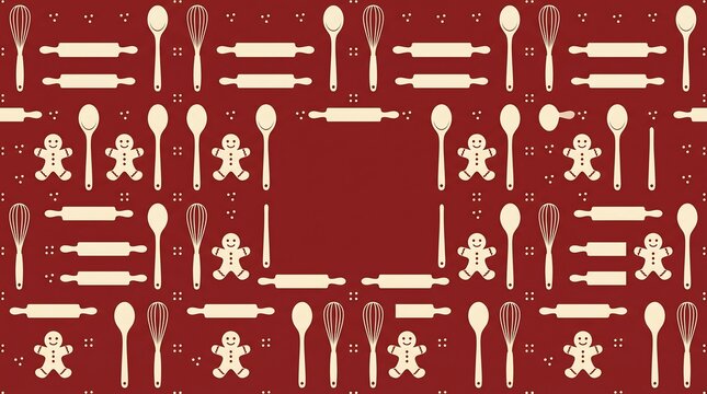 Christmas baking pattern with gingerbread men, rolling pins and spoons on red background