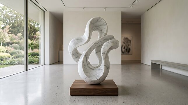 Abstract modern sculpture displayed in a bright art gallery room with large glass windows showing a garden view outside during a beautiful sunny day
