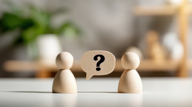 Wooden figures stand facing each other with a question mark speech bubble between them. This displays a concept for business communication or problem solving.