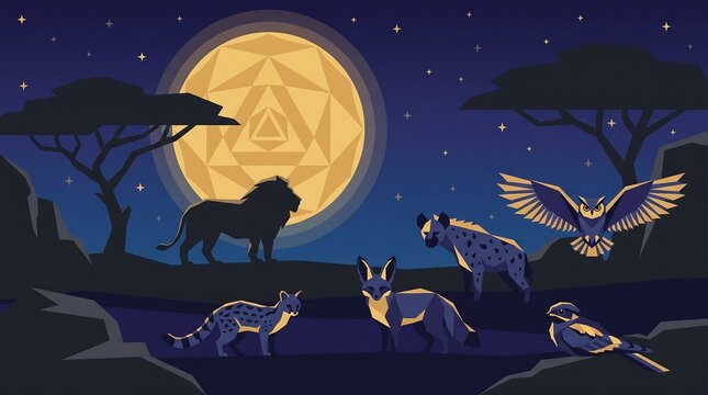 African savanna wildlife silhouettes under a full moon night landscape illustration