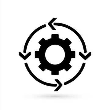 A black gear icon with rotating arrows isolated on white background. This symbol is perfect for business process and engineering concepts.