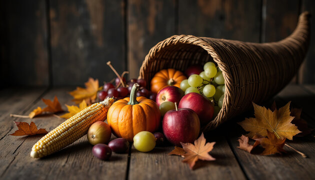 Traditional Thanksgiving cornucopia overflowing with fresh pumpkin apples grapes corn cob and fallen autumn leaves on rustic wood