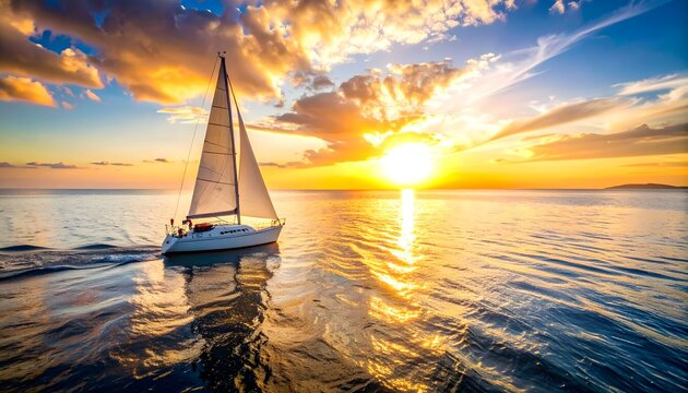 Velero navegando sobre el mar al atardecer con reflejos dorados del sol y cielo dram&aacute;tico