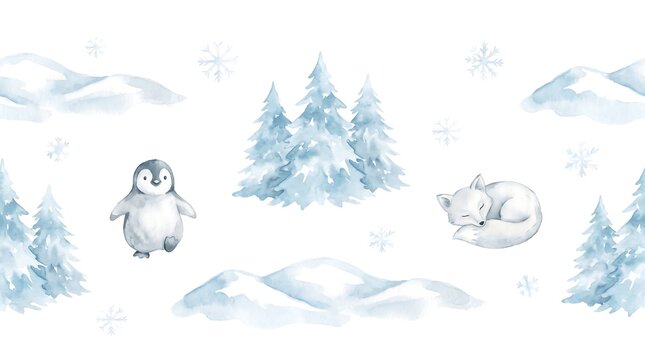 Watercolor winter landscape with cute penguin and sleeping fox in snowy forest