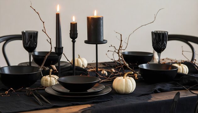 Mesa elegante de estilo oscuro con vajilla negra, velas encendidas, copas y peque&ntilde;as calabazas decorativas