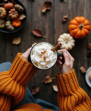 Overhead view of woman hands holding mug of pumpkin spice latte topped with whipped cream and cinnamon stick