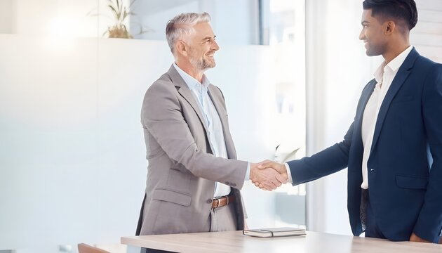 Dos hombres de negocios estrechando la mano en una oficina luminosa como gesto de acuerdo profesional