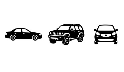 Fototapeta premium Car and vehicle types icons vector set featuring sedan profile view suv side perspective and compact hatchback automobile front view for transport design