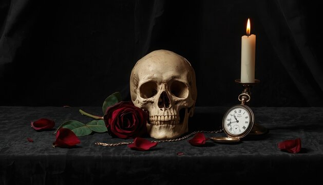Gothic still life with a human skull burning candle red rose vintage pocket watch halloween decor memento mori antique clock scary theme dark mood skeleton candlelight darkness melancholy