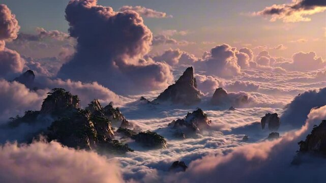 Fantasy Mountain Range Above a Sea of Clouds at Sunset
