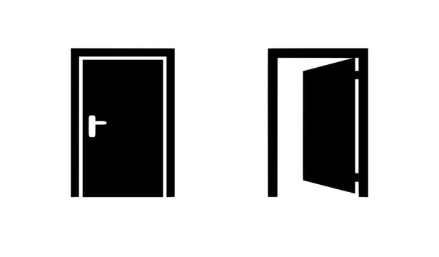 Open and closed door icons vector set black glyph silhouette symbol for home interior exit entrance way architecture real estate design