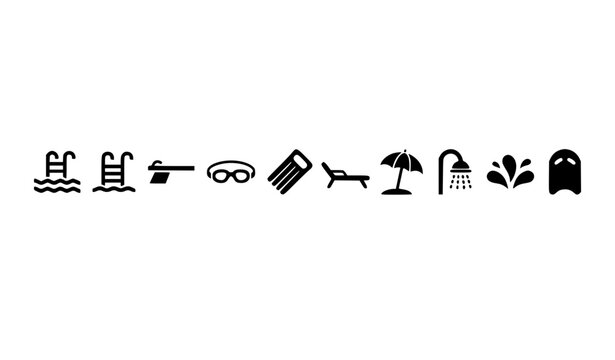 Swimming pool icons set with ladder diving board goggles lounge chair umbrella shower cocktails and flip flops for summer vacation resort design