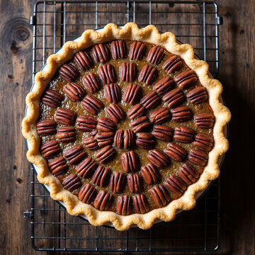 Overhead view of freshly baked traditional American pecan pie on cooling rack over wooden table