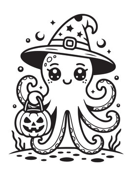 line art Halloween Octopus Wizard vector illustration isolated on white background