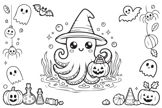 Cute Octopus Wizard Outline Vector Illustration for Halloween Isolated on White Background
